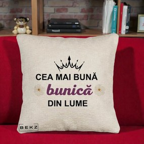 Cadou pentru Bunica - Perna Personalizata Cea Mai Buna Bunica Din Lume Coroana Mov Flori, 40x40 cm, Bej Canapea, Husa Detasabila, Perna Inclusa, BEKZ®