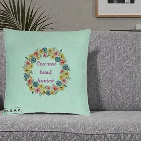 Cadou pentru Bunica - Perna Personalizata Cea Mai Buna Bunica Coronita Flori Multicolore, 40x40 cm, Verde Menta, Husa Detasabila, Perna Inclusa, BEKZ®