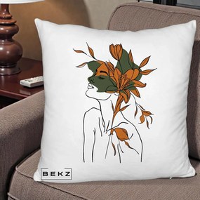 Perna Decorativa Portret Feminin Crin Auriu, 40x40 cm, Alb Pufos, Husa Detasabila, Perna Inclusa, BEKZ®