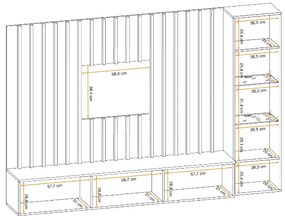 Set mobila living, suspendata, prindere perete, cu riflaj inclus, usi deschidere prin apasare, vitrina cu led, stejar artisan negru mat, 220 cm