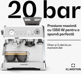 Klarstein Espressor GrandPresso, râșniță de precizie, duză de abur, portafiltru, indicator de presiune, 20 bar.