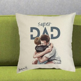 Cadou pentru Tata - Perna Personalizata Super Dad Tata si Fiu Imbratisare, 40x40 cm, Ecru, Husa Detasabila, Perna Inclusa, BEKZ®