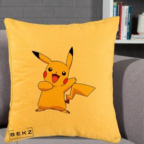 Perna Personalizata Pikachu Fericit, 40x40 cm, Galben, Husa Detasabila, Perna Inclusa, BEKZ®