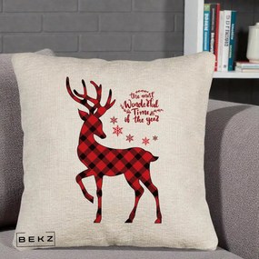 Perna Decorativa Ren Buffalo Plaid Craciun, 40x40 cm, Bej Canapea, Husa Detasabila, Perna Inclusa, BEKZ®