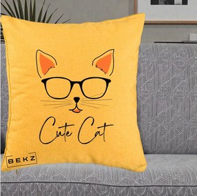Perna Personalizata Cute Cat cu Ochelari, 40x40 cm, Galben, Husa Detasabila, Perna Inclusa, BEKZ®