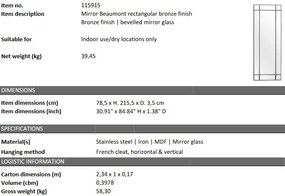 Oglinda decorativa LUX Beaumont Rectangular, bronz 78x215cm 115915 HZ