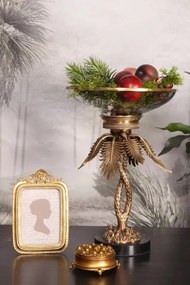 Bol decorativ din sticlă și alamă, auriu, pe picior în formă de palmier, cu soclu negru, 54 x 35 cm, „Médicis”