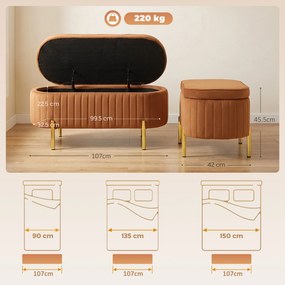HOMCOM Banchetă Ovală cu Depozitare 72 L, cu Capac Rabatabil, din Material Catifelat și Lemn, 108x44x43,5 cm, Maro Auriu | Aosom Romania