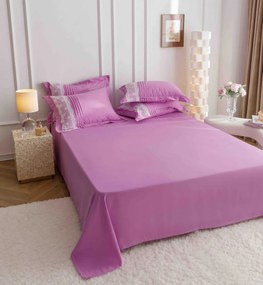 Lenjerie pat dublu, Inimi Brodate, 6 Piese, Finet Premium - Roz