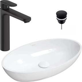 Pachet lavoar pe blat Omnires Siena M+ alb 60 cm, baterie lavoar Hansgrohe Vernis Blend negru si ventil lavoar Click-Clack negru