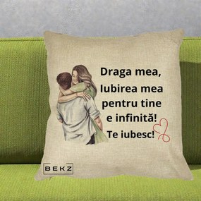 Cadou pentru Iubita - Perna Personalizata Draga Mea Iubirea Mea Infinita Te Iubesc cu Cuplu Acuarela, 40x40 cm, Crem, Husa Detasabila, Perna Inclusa, BEKZ®