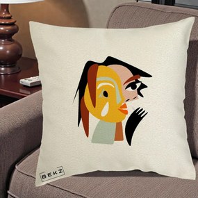 Perna Decorativa Portret Abstract Galben-Ocru, 40x40 cm, Ecru, Husa Detasabila, Perna Inclusa, BEKZ®