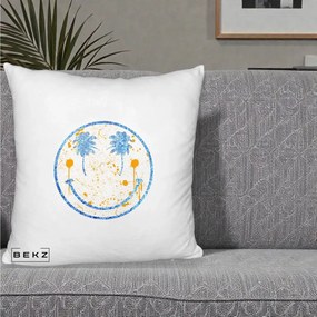 Perna Decorativa Smiley Face Tropical Albastru Glitter si Portocaliu, 40x40 cm, Alb Pufos, Husa Detasabila, Perna Inclusa, BEKZ®