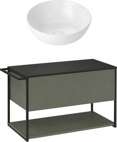 Set dulap baza suspendat Krofam Lov verde-negru 80 cm blat negru si lavoar 39 cm