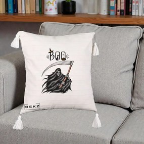 Perna Decorativa Halloween Boo Grim Reaper cu Coasa, 40x40 cm, Bej cu Franjuri, Husa Detasabila, Perna Inclusa, BEKZ®