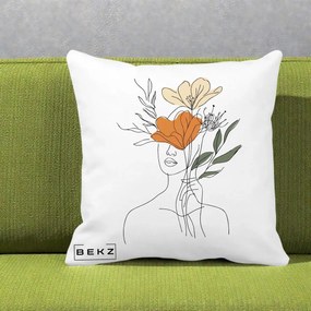 Perna Decorativa Portret Feminin Coroana Florala, 40x40 cm, Alba Mata, Husa Detasabila, Perna Inclusa, BEKZ®