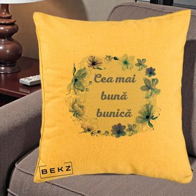 Cadou pentru Bunica - Perna Personalizata Cea Mai Buna Bunica Coronita Flori Albastre Acuarela, 40x40 cm, Galben, Husa Detasabila, Perna Inclusa, BEKZ®