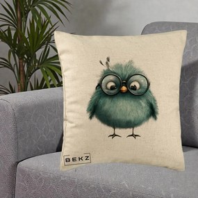 Perna Decorativa Pui Teal cu Ochelari Rotunzi, 40x40 cm, Bej, Husa Detasabila, Perna Inclusa, BEKZ®