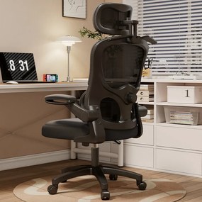 Scaun ergonomic cu suport lombar dinamic, tetieră 4D, cotiere rabatabile, Negru