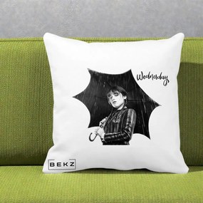 Perna Personalizata Wednesday Addams cu Umbrela Foto, 40x40 cm, Alba Mata, Husa Detasabila, Perna Inclusa, BEKZ®