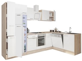 Mobilă de bucătărie de colț Yorki 310, corp din stejar Sonoma, față alb satinat, element cuptor inferior, frigider congelator superior