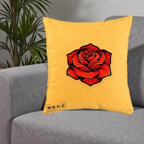 Perna Decorativa Trandafir Rosu Tattoo, 40x40 cm, Galben, Husa Detasabila, Perna Inclusa, BEKZ®