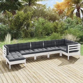 3096551 vidaXL Set mobilier de grădină cu perne, 7 piese, alb, lemn masiv pin