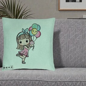Perna Decorativa Fetita Kawaii cu Baloane si Cupcake, 40x40 cm, Verde Menta, Husa Detasabila, Perna Inclusa, BEKZ®
