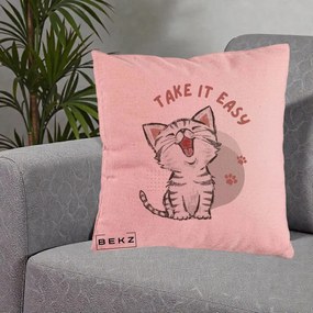 Perna Personalizata Take It Easy Cat, 40x40 cm, Roz, Husa Detasabila, Perna Inclusa, BEKZ®