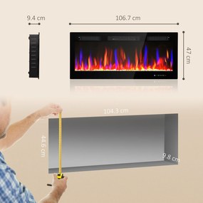 HOMCOM Șemineu Electric de Încorporat cu Flacără Independentă, 3 Moduri de Încălzire și Telecomandă, 106.7x9.4x47 cm, Negru | Aosom Romania