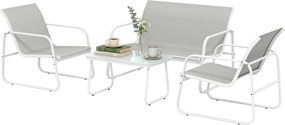 Outsunny Set de grădină exterior de 4 piese cu canapea de 2 locuri, 2 fotolii, masă cu sticlă securizată, textilene gri deschis | Aosom Romania