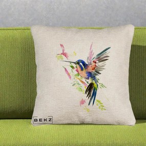 Perna Decorativa Colibri Acuarela, 40x40 cm, Bej Canapea, Husa Detasabila, Perna Inclusa, BEKZ®
