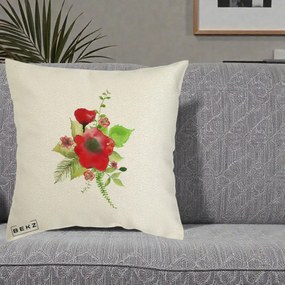 Perna Decorativa Buchet Rosu Acuarela, 40x40 cm, Ecru, Husa Detasabila, Perna Inclusa, BEKZ®