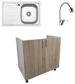 Set Masca Chiuveta Karo, Stejar Sonoma Inchis/Alb, 80 x 50 x 80 cm, Chiuveta Inox, Cuva dreapta, Baterie Flexibila