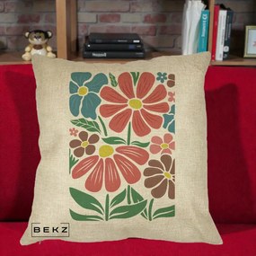 Perna Decorativa Flori Grafice Colorate Retro, 40x40 cm, Crem, Husa Detasabila, Perna Inclusa, BEKZ®