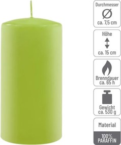Set de lumânări pilon, 15 cm, Ø 7,5 cm, verde deschis, 4 buc