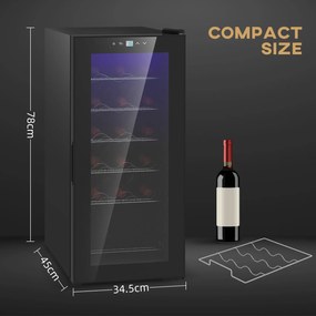 HOMCOM Frigider pentru Vinuri, Frigider de Vin cu Control al Temperaturii, Ecran Tactil Digital și Lumină LED, 18 Sticle, 34.5x45x78 cm, Negru