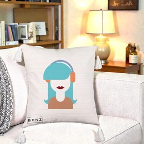 Perna Decorativa Fata cu Casti Muzica Grafic, 40x40 cm, Bej cu Franjuri, Husa Detasabila, Perna Inclusa, BEKZ®