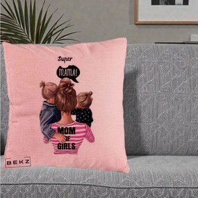 Cadou pentru Mama - Perna Personalizata Super Mama Mom of Girls, 40x40 cm, Roz, Husa Detasabila, Perna Inclusa, BEKZ®