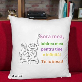 Cadou pentru Sora - Perna Personalizata Sora Mea Te Iubesc Doua Fete cu Palarie si Umbrela, 40x40 cm, Alb Pufos, Husa Detasabila, Perna Inclusa, BEKZ®