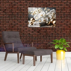 Tablou pe sticlă - Orhidee și bile aurii (70x50 cm)