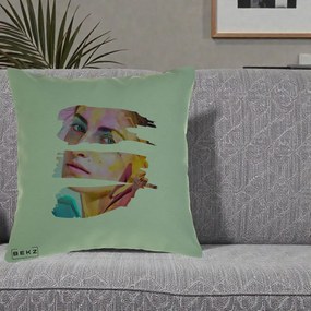 Perna Decorativa Portret Femeie Fragmentat Colorat, 40x40 cm, Verde, Husa Detasabila, Perna Inclusa, BEKZ®