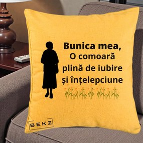 Cadou pentru Bunica - Perna Personalizata Bunica Mea Comoara Iubire Intelepciune Silueta cu Nepoata, 40x40 cm, Galben, Husa Detasabila, Perna Inclusa, BEKZ®