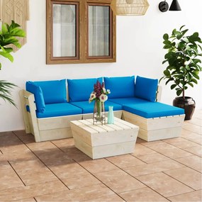Set mobilier gradina din paleti cu perne, 5 piese, lemn molid Albastru deschis, 2x colt + mijloc + masa + suport pentru picioare, 1