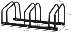 HOMCOM Suport pentru 3 biciclete, depozitare pneuri de 65 mm pe sol sau pe perete, 76 x 33 x 27 cm oțel negru | Aosom Romania