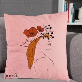 Perna Decorativa Portret Feminin Maci Rosii Auriu, 40x40 cm, Roz, Husa Detasabila, Perna Inclusa, BEKZ®