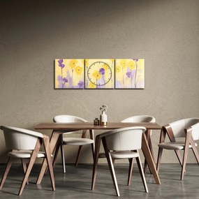 Tablou - Flori mov și galbene (cu ceas) (90x30 cm)