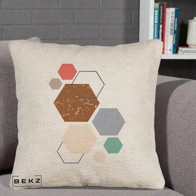 Perna Decorativa Geometric Hexagoane Multicolor, 40x40 cm, Bej Canapea, Husa Detasabila, Perna Inclusa, BEKZ®