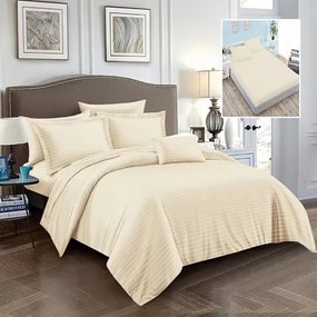 Lenjerie de pat Damasc Policoton cu 6 piese, cearceaf cu elastic 160x200cm, pentru pat dublu, crem, IMP55