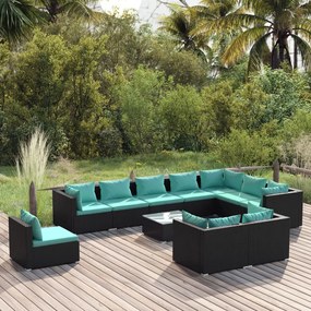 Set mobilier de gradina cu perne, 11 piese, negru, poliratan Negru si albastru, 5x colt + 5x mijloc + masa, 1